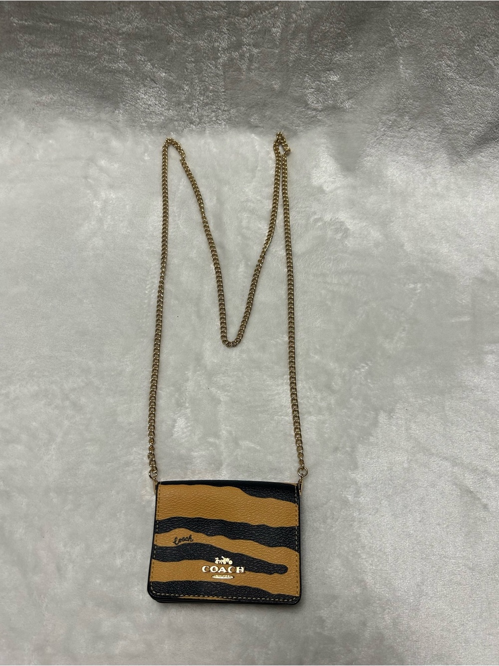 Coach Black Gold Orange Tiger Print Mini Wallet on a Chain C7441